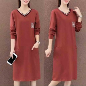 Casual Style V Neck Short Sleeve Slit Pocket Midi Dress - Brown