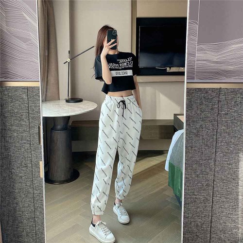 High Waist Alphabet Printed Drawstring Closure Pants - White image