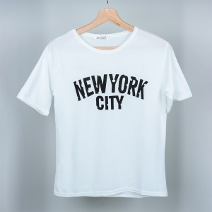 Korean Style Short Sleeve Letters Printed Round Neck Women Tops - White
