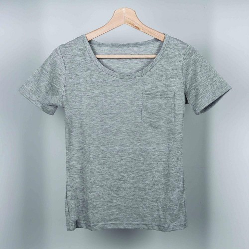 Retro Style Solid Color Patch Pocket Scoop Neck Women Tops - Grey image