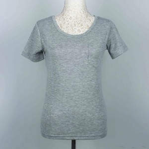 Retro Style Solid Color Patch Pocket Scoop Neck Women Tops - Grey