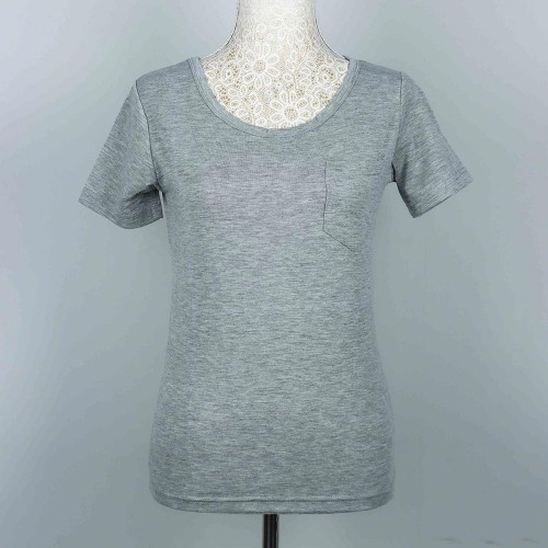 Retro Style Solid Color Patch Pocket Scoop Neck Women Tops - Grey image