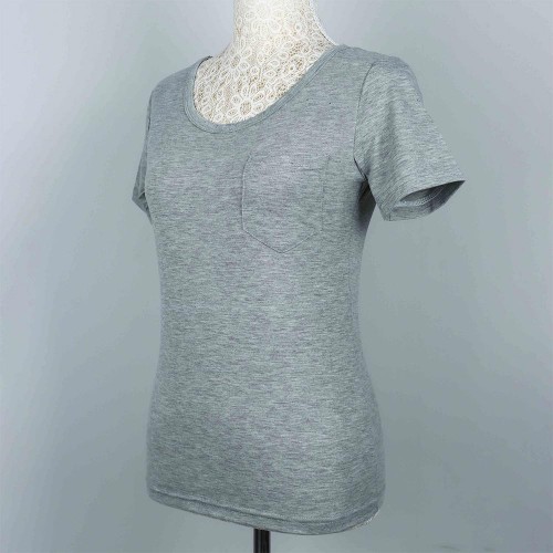 Retro Style Solid Color Patch Pocket Scoop Neck Women Tops - Grey image