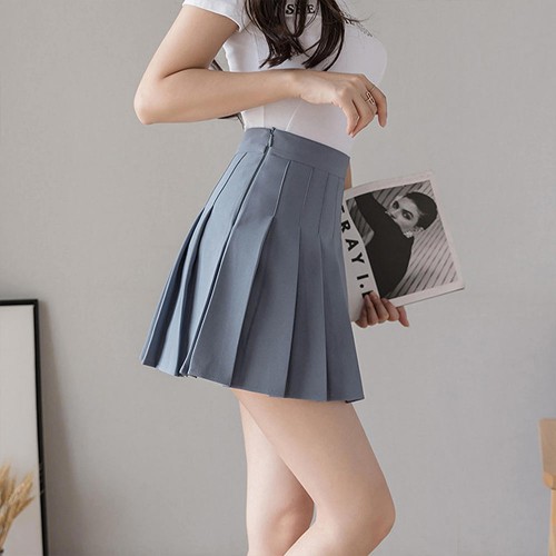 Pleated Style High Waist Elastic Solid Mini Skirts - Grey image