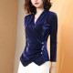 Elegant Long Sleeve Velvet V Neck Solid Shiny Ladies Tops - Blue image
