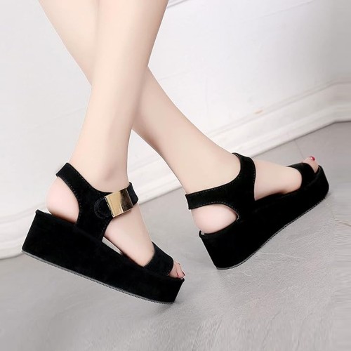 Women Fish Mouth Summer High Heeled Wedge Sandals - Black image
