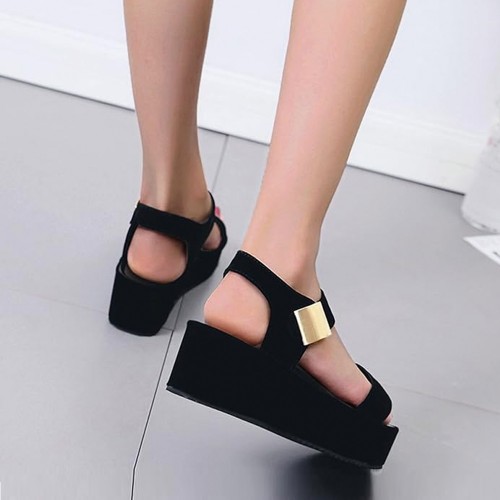 Women Fish Mouth Summer High Heeled Wedge Sandals - Black image
