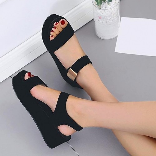 Women Fish Mouth Summer High Heeled Wedge Sandals - Black image