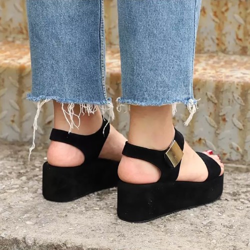 Women Fish Mouth Summer High Heeled Wedge Sandals - Black image