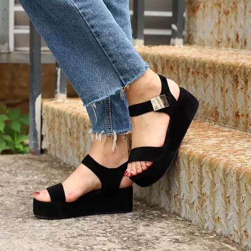Women Fish Mouth Summer High Heeled Wedge Sandals - Black image