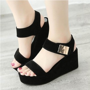 Women Fish Mouth Summer High Heeled Wedge Sandals - Black