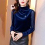 Mesh Bedded Embroidered Velvet Turtleneck Women Tops - Blue