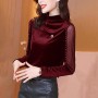 Mesh Bedded Embroidered Velvet Turtleneck Women Tops - Red