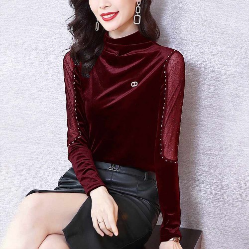 Mesh Bedded Embroidered Velvet Turtleneck Women Tops - Red image