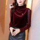 Mesh Bedded Embroidered Velvet Turtleneck Women Tops - Red image