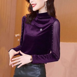Mesh Bedded Embroidered Velvet Turtleneck Women Tops - Purple