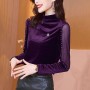 Mesh Bedded Embroidered Velvet Turtleneck Women Tops - Purple