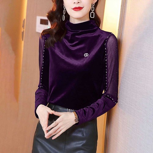 Mesh Bedded Embroidered Velvet Turtleneck Women Tops - Purple image