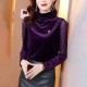 Mesh Bedded Embroidered Velvet Turtleneck Women Tops - Purple image