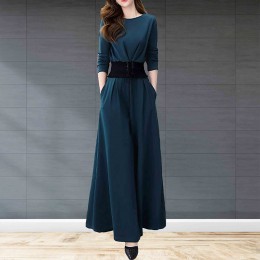 Elegant Solid Suit Crop Top & Long Pants Slash Pockets Dress - Blue
