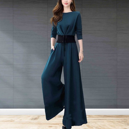 Elegant Solid Suit Crop Top & Long Pants Slash Pockets Dress - Blue image