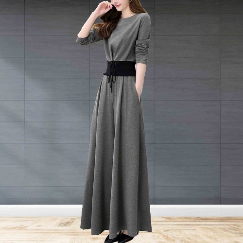 Elegant Solid Suit Crop Top & Long Pants Slash Pockets Dress - Grey image