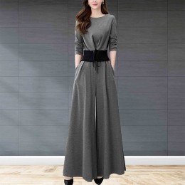 Elegant Solid Suit Crop Top & Long Pants Slash Pockets Dress - Grey