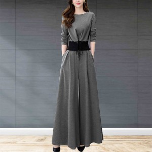 Elegant Solid Suit Crop Top & Long Pants Slash Pockets Dress - Grey