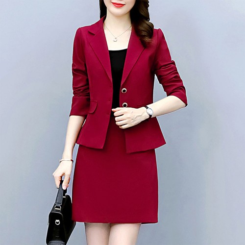 Elegant Two Piece Notech Lapel Collar A Line Skirt And Formal Coat - Red image