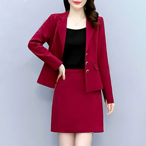 Elegant Two Piece Notech Lapel Collar A Line Skirt And Formal Coat - Red image
