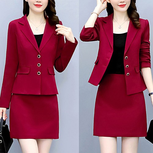 Elegant Two Piece Notech Lapel Collar A Line Skirt And Formal Coat - Red image