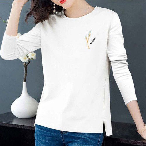 Korean Style Side Split Long Sleeve Graphics & Letters Printed Tops - White image