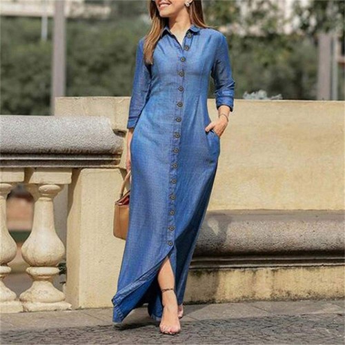 Single Breasted Turn-Down Collar Double Slit Pockets Long Dress - Light Blue image