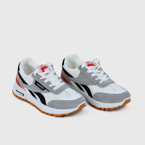 Lace Up Mesh Striped Patchwork Breathable Sports Sneakers - White image
