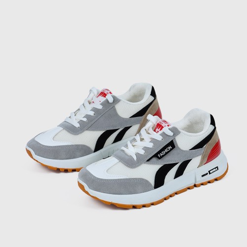 Lace Up Mesh Striped Patchwork Breathable Sports Sneakers - White image