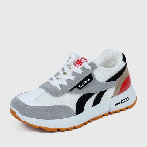 Lace Up Mesh Striped Patchwork Breathable Sports Sneakers - White image