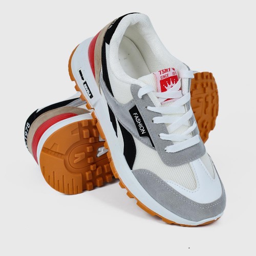 Lace Up Mesh Striped Patchwork Breathable Sports Sneakers - White image