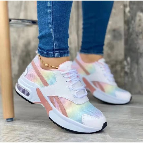 Lace Up Breathable Round Toe Mesh Sports Sneakers - Pink image