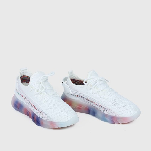 Light Weight Round Toe Lace Up Breathable Sports Sneakers - White image