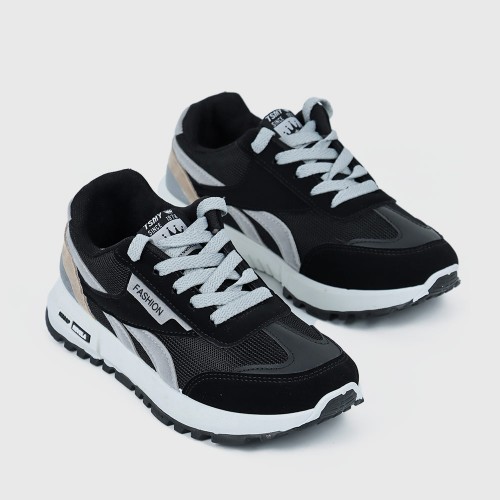 Lace Up Mesh Striped Patchwork Breathable Sports Sneakers - Black image