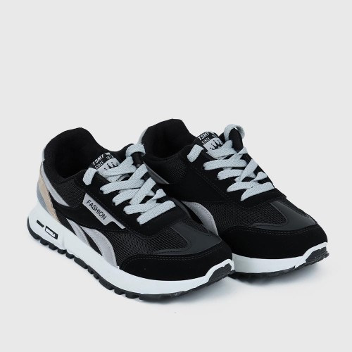 Lace Up Mesh Striped Patchwork Breathable Sports Sneakers - Black image