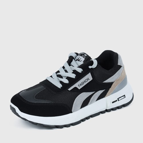 Lace Up Mesh Striped Patchwork Breathable Sports Sneakers - Black image