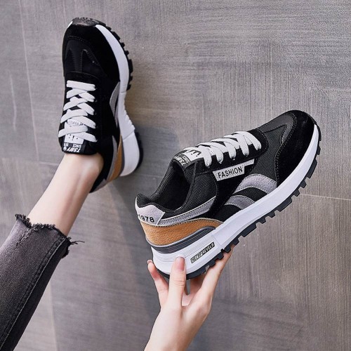 Lace Up Mesh Striped Patchwork Breathable Sports Sneakers - Black image