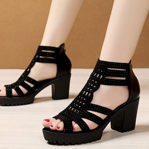 Platform Fish Mouth Back Zipper High Women Heel Sandals - Black image