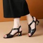 Luxury Chunky Leather Buckle Strap Women Heel Sandals Black