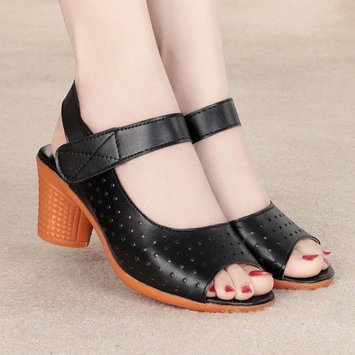 Vintage Style Fish Mouth Velcro Mid Heels Women Sandals Black image