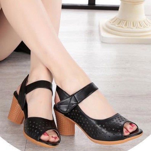Vintage Style Fish Mouth Velcro Mid Heels Women Sandals Black image
