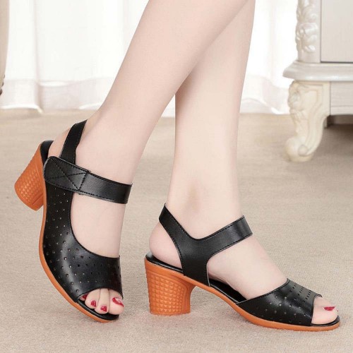 Vintage Style Fish Mouth Velcro Mid Heels Women Sandals Black image