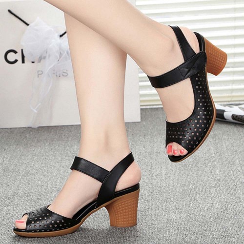 Vintage Style Fish Mouth Velcro Mid Heels Women Sandals Black image