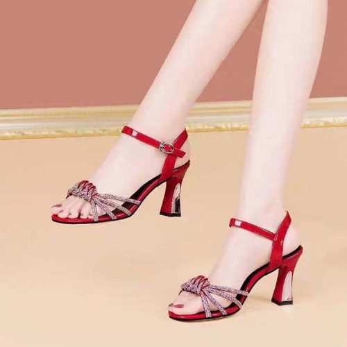 Buckle Closure Braided Rhinestone Open-Toe Women High Heels Red image